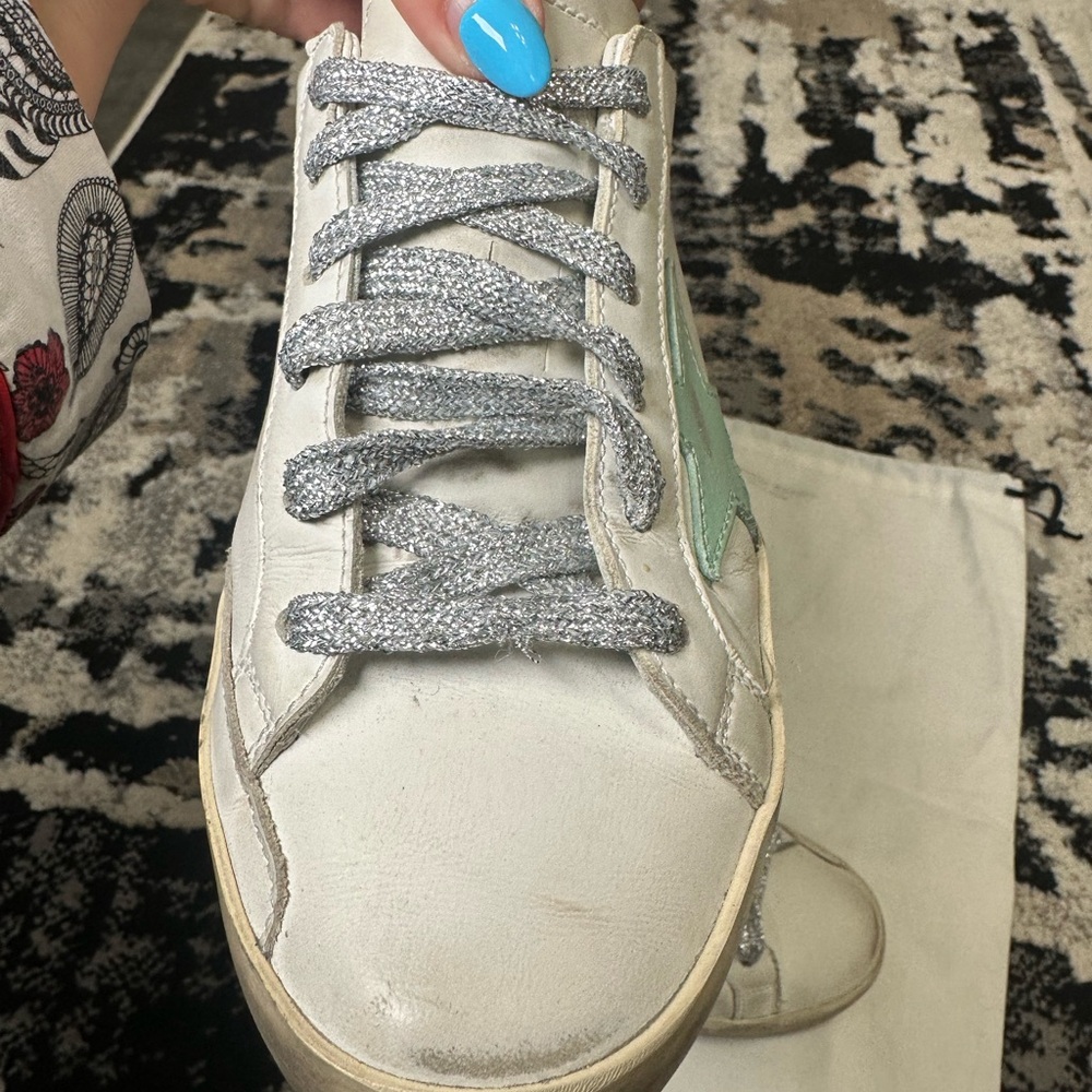 Golden Goose Super Star Sneakers with Mint Green Star and Silver/Gold Accents 7 - Picture 8 of 15